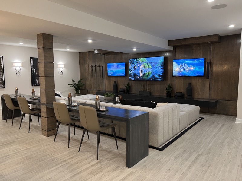 Professionally photographed finished basement lounge